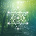 Merkaba sacred geometry spiritual new age futuristic illustration with interlocking circles, triangles and glowing