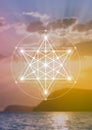 Merkaba sacred geometry spiritual new age futuristic illustration with interlocking circles, triangles and glowing