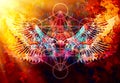 Merkaba and wing on abstract color background. Sacred geometry. Royalty Free Stock Photo