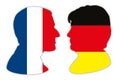 Merkel and Macron portrait silhouettes with France and Germany flags,