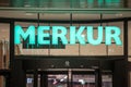 Merkur Supermarket logo in front of their local store in Vienna. Pare of Rewe, Merkur Supermarkt is Austrian chain of supermarket