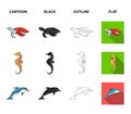 Merlin, turtle and other species.Sea animals set collection icons in cartoon,black,outline,flat style vector symbol Royalty Free Stock Photo