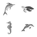 Merlin, turtle and other species.Sea animals set collection icons in monochrome style vector symbol stock illustration