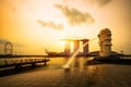 Merlion fountain and marina bay in the morning