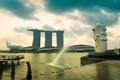 Merlion fountain and marina bay in the morning