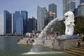 The Merlion fountain in Singapore. Merlion is a imaginary creature with the head of a lion,seen as a symbol of Singapore