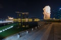 The Merlion fountain and Singapore skyline by night. Merlion is Royalty Free Stock Photo