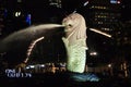 Merlion, a mascot and national personification of Singapore, night scene