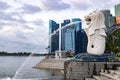 Merlion park skyline at Central Business District with UBS, ANZ, HSBC, DBS Buildings at Marina Bay Area, Singapore, March 29, 2020 Royalty Free Stock Photo
