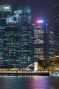 Merlion with skyscraper buildings in Singapore City at night. Financial district in downtown with business centers in technology