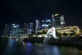 Merlion statue fountain in Merlion Park and Singapore city skyline at night. Royalty Free Stock Photo