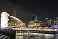 Merlion statue fountain in Merlion Park and Singapore city skyline at night. Royalty Free Stock Photo