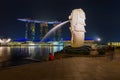 Merlion statue fountain in Singapore - city skyline