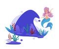 Cute mermaid and underwater world in wave - cartoon vector illustration Royalty Free Stock Photo