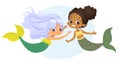 Mermaid African Caucasian Character Friend Nymph. Young Underwater African American Female Cute Mythology Princess Royalty Free Stock Photo
