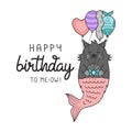 Mermaid birthday cat vector illustration greeting card