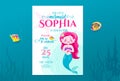 Mermaid birthday cute invite card design for little princess. Kids party anniversary. Sea underwater invitation Royalty Free Stock Photo
