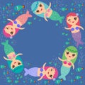 Mermaid with blue and pink hair cute kawaii girl coral fish, card banner design, copy space, on dark blue background. Vector Royalty Free Stock Photo