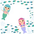 Mermaid with blue and pink hair cute kawaii girl coral fish, card banner design, copy space, on white background. Vector Royalty Free Stock Photo