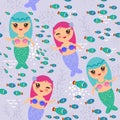 Mermaid with blue and pink hair cute kawaii girl coral fish seamless pattern on lilac purple background. Vector Royalty Free Stock Photo