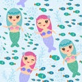 Mermaid with blue and pink hair cute kawaii girl coral fish seamless pattern on blue sea water background. Vector Royalty Free Stock Photo