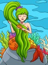 Mermaid Brushing Hair Colored Cartoon Illustration