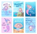 Mermaid cards. Creative postcard with mythical cute princesses and sea creatures template for birthday, party