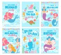 Mermaid cards. Mythical cute princesses and sea creatures underwater world postcard for birthday, invitations, greeting