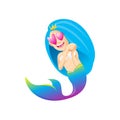 Mermaid cartoon character cute isolated on white background, beautiful mermaid cartoon characters cute, clip art mermaid blue Royalty Free Stock Photo