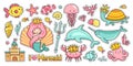 Mermaid, castle, dolphin, narwhal, octopus, crab, fish, jellyfish, turtle. Set of funny sea animals.