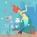 Mermaid and cat-octopus. Cartoon character girl with red hair and blue tail and white pet. Royalty Free Stock Photo