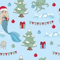 MERMAID CELEBRATE PATTERN Seamless New Year Color Vector Illustration Royalty Free Stock Photo