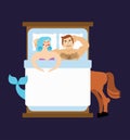 Mermaid and centaur in bed. Mythical love. Magic Lovers. Illustration for Valentines day. 14th of February Royalty Free Stock Photo