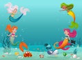 Mermaid children swimming with fish under the sea. Underwater world with corals. Royalty Free Stock Photo