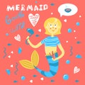 Mermaid cooks with love. Funny inscription on the underwater life. Cute character mother mermaid with ladle cooks soup