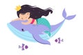 Mermaid with Crown on Her Head Floating Underwater with Whale Vector Illustration Royalty Free Stock Photo