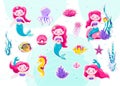 Mermaid cute stickers, cartoon little princess patch. Vector illustration. Fun sea character design isolated on white Royalty Free Stock Photo