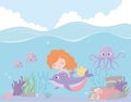 Mermaid with dolphin octopus fishes coral cartoon under the sea Royalty Free Stock Photo