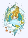 Mermaid with dolphin, surrounded by seaweed, clouds, starfish. Hand-drawn vector illustration.