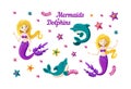 Mermaid, dolphins, seaweed and colorful starfish in big set. Mermaid with golden hair. Vector illustration of fantasy