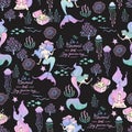 Mermaid doodle with coral fish jellyfish alga in ocean life and typography seamless pattern