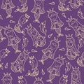 Mermaid doodle seamless pattern. Purple and white line art cartoon vector illustration. Royalty Free Stock Photo