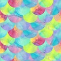 Mermaid fish scale seamless pattern with watercolour texture. Colorful mermaid scale ornament. Watercolor pattern tile