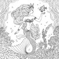 Mermaid with fish undersea, hand drawn vector illustration