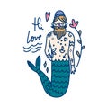 Mermaid funny doodle hipster boy. Adorable tattooed man with flower gift. Valentines day concept