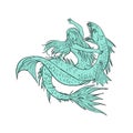 Mermaid Grappling With Sea Serpent Drawing Color Royalty Free Stock Photo