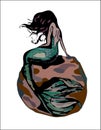 Mermaid with hair and green tail on a brown rock isolated on white bacground. mermaid vector illustration.