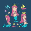 Mermaid hand drawn cute drawing set. Summer children style vector illustration. Royalty Free Stock Photo