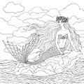 Mermaid, hand drawn linen vector illustration on a white background.