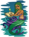 Mermaid holding volcano bowl alchoholic drink in the ocean illustration drawing
